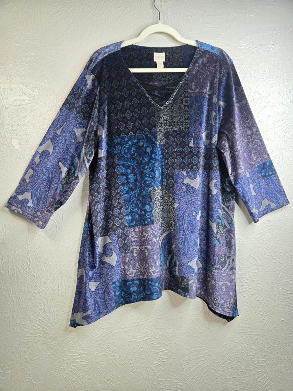 Velour Tunic Blouse Top Dark Floral Paisley Patchwork Relaxed Shirt Whimsigoth